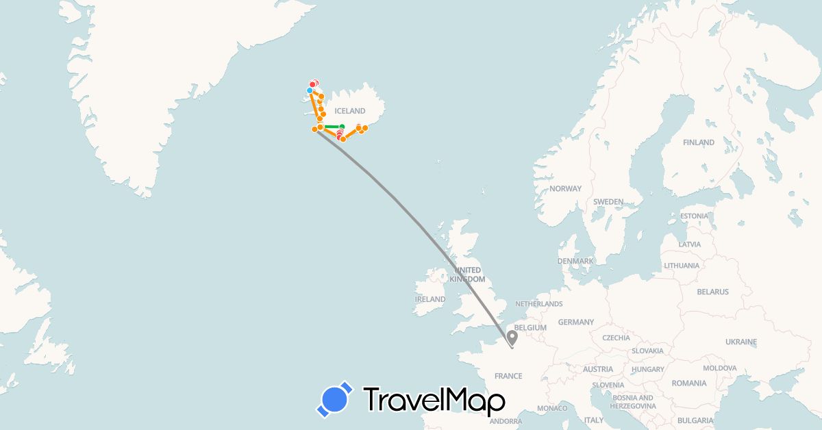 TravelMap itinerary: driving, bus, plane, hiking, boat, hitchhiking in France, Iceland (Europe)