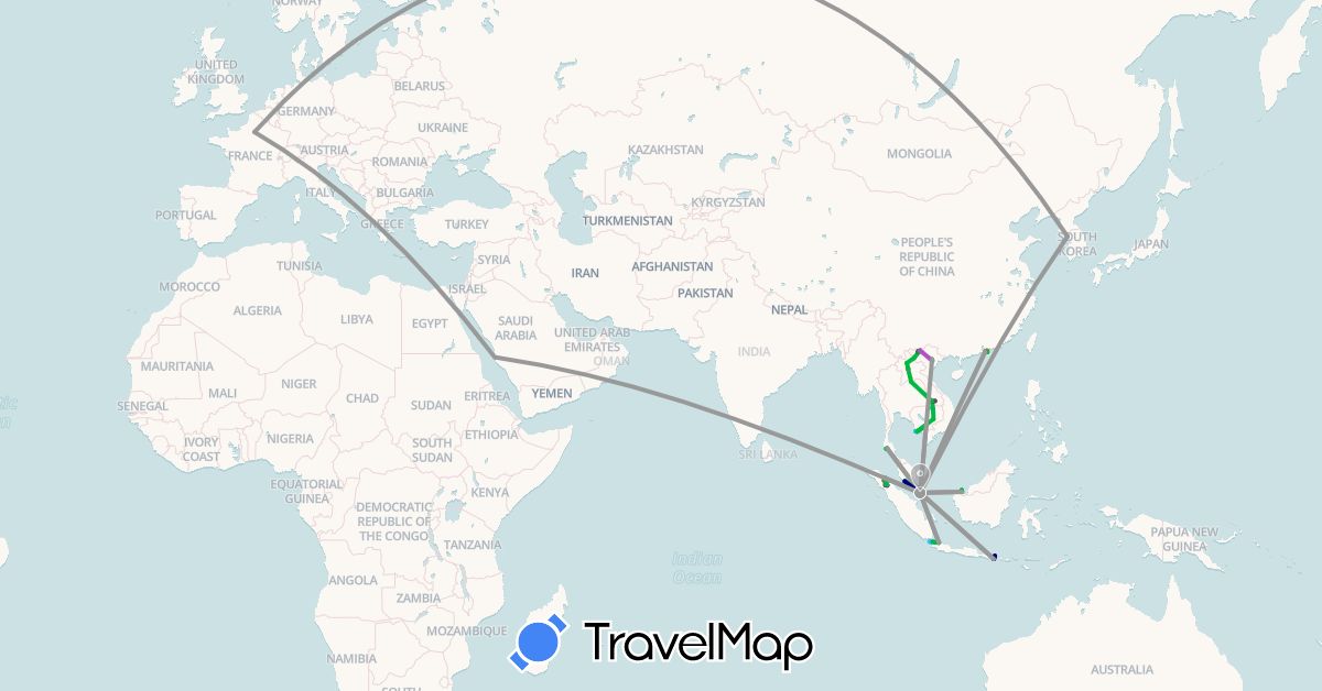 TravelMap itinerary: driving, bus, plane, cycling, train, hiking, boat, motorbike in France, Hong Kong, Indonesia, Cambodia, South Korea, Laos, Malaysia, Saudi Arabia, Singapore, Thailand, Vietnam (Asia, Europe)