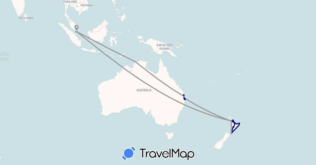 TravelMap itinerary: driving, plane, hiking in Australia, New Zealand, Singapore (Asia, Oceania)