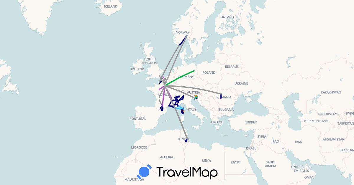 TravelMap itinerary: driving, bus, plane, train, hiking, boat, hitchhiking in Andorra, Switzerland, Germany, Spain, France, United Kingdom, Italy, Morocco, Norway, Romania, Slovenia, Tunisia (Africa, Europe)