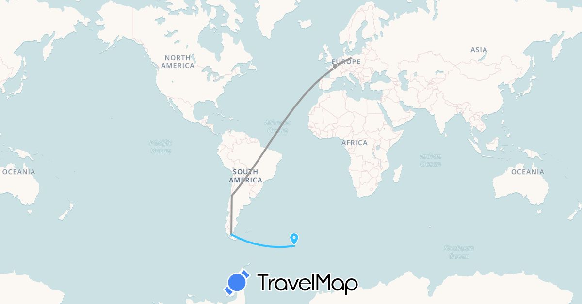 TravelMap itinerary: plane, boat in Chile, Germany, France, South Georgia and the South Sandwich Islands (Antarctica, Europe, South America)